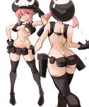  1girl arm_up ass bangs black_gloves black_headwear black_legwear breasts butt_crack closed_mouth commentary dimples_of_venus dot_nose eyebrows_visible_through_hair from_behind gloves groin hair_between_eyes hand_on_hip highres jakuzure_nonon kill_la_kill multiple_views navel nudist_beach_uniform pink_eyes pink_hair pouch rakeemspoon revealing_clothes shoulder_blades simple_background sketch skull_print thighhighs thighs underboob 