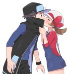  1boy 1girl ^^^ ^_^ baseball_cap black_coat black_headwear black_pants blue_shirt blush bow brown_eyes brown_hair cabbie_hat closed_eyes coat commentary_request flat_chest from_side hands_up hat hat_bow hetero high_collar highres kiss long_sleeves looking_at_another lyra_(pokemon) medium_hair official_alternate_costume open_clothes open_coat overalls pants partial_commentary pocket pokemon pokemon_(game) pokemon_hgss pokemon_masters_ex profile pumpkinpan red_bow red_shirt shirt short_hair sidelocks simple_background sleeveless_coat standing surprised twintails watch white_background white_headwear wide-eyed wristwatch 