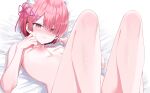  1girl bare_legs blush clenched_teeth hair_ornament hair_over_one_eye hair_ribbon kuhotaka legs_up lying maid_headdress nipples no_panties nude on_back pink_eyes pink_hair purple_ribbon ram_(re:zero) re:zero_kara_hajimeru_isekai_seikatsu ribbon short_hair solo sweat teeth wince x_hair_ornament 