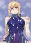  1girl ahoge artoria_pendragon_(fate) bangs bare_arms blonde_hair blue_background blue_eyes blue_ribbon blue_swimsuit blush braid breasts closed_mouth covered_navel covered_nipples cum cum_on_body cum_on_clothes cum_on_hair cum_on_hands facial fate/stay_night fate_(series) hair_between_eyes hair_ribbon highres ribbon saber short_hair_with_long_locks sidelocks small_breasts solo sweatdrop swimsuit zucchini 