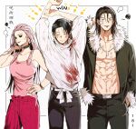  1girl 2boys black_hair brown_hair choker colored_sclera dmsco1803 forehead fur_collar fur_trim highres ishigori_ryu jujutsu_kaisen multiple_boys okkotsu_yuuta pink_hair smile uro_takako 