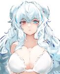  1girl animal_ears arknights bangs bare_shoulders bear_ears blue_eyes blue_hair blush bra breasts cleavage collarbone commentary english_commentary eyebrows_visible_through_hair gnai heterochromia highres large_breasts long_hair looking_at_viewer multicolored_hair parted_lips red_eyes red_hair rosa_(arknights) silver_hair simple_background solo streaked_hair underwear underwear_only upper_body very_long_hair white_background white_bra 