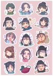  6+boys 6+girls ;) afterimage animal_ears arm_up bangs baryou_(kusuriya_no_hitorigoto) basen_(kusuriya_no_hitorigoto) bird black_hair blue_eyes brown_hair bun_cover cat_ears character_request chibi chinese_clothes chue_(kusuriya_no_hitorigoto) covered_mouth covering_mouth crossed_arms double_bun duck earrings facial_hair facial_mark flower food forehead_mark gaoshun_(kusuriya_no_hitorigoto) glasses gloom_(expression) green_hair guan_hat hair_between_eyes hair_cones hair_flower hair_ornament hair_pulled_back hair_ribbon hair_stick hand_over_own_mouth hands_in_opposite_sleeves hanfu hat highres holding holding_pipe jewelry jinshi_(kusuriya_no_hitorigoto) kiseru kusuriya_no_hitorigoto long_hair long_sleeves looking_at_viewer maomao_(kusuriya_no_hitorigoto) monocle multiple_boys multiple_girls noshima one_eye_closed own_hands_together pink_eyes pipe pouch rahan_(kusuriya_no_hitorigoto) rakan_(kusuriya_no_hitorigoto) reaching_out ribbon riishu_(kusuriya_no_hitorigoto) round_eyewear shawl smile smoke sparkle striped striped_background stubble surprised sweet_potato swept_bangs wide-eyed 