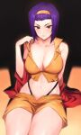  1girl absurdres bare_shoulders blush breasts brown_eyes cleavage clothes_pull collarbone cowboy_bebop crop_top dark_skin faye_valentine hair_pulled_back hairband highleg highleg_panties highres jacket large_breasts looking_at_viewer navel off_shoulder open_clothes open_jacket panties parted_lips purple_hair red_jacket rororo shirt_pull short_hair shorts sitting solo thighs underwear yellow_hairband yellow_shorts 