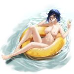  1girl absurdres bare_arms bare_back bare_legs bare_shoulders barefoot blue_hair breasts crossed_legs cup day drinking_glass feet genshin_impact glasses highres holding holding_cup hs_(user_hvww8443) innertube large_breasts looking_over_eyewear navel nipples short_hair sunglasses water wet yelan_(genshin_impact) 
