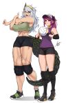  2girls :d airisubaka bandaid bandaid_on_face breasts green_eyes hair_between_eyes hat highres knee_pads large_breasts leah_(airisubaka) long_hair medium_hair midriff multiple_girls muscular muscular_female navel one_eye_closed orange_eyes original ponytail purple_hair scales scar scar_across_eye scar_on_leg sharp_teeth sidelocks signature small_breasts smile sportswear tail teeth volleyball volleyball_uniform white_background white_hair 