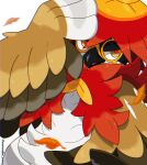  animal_focus bird blurry brown_eyes commentary_request highres hisuian_decidueye leaf leaves_in_wind open_mouth owl pokemon pokemon_(creature) red_pupils rorosuke solo white_fur 