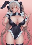  1girl :o absurdres alternate_costume animal_ears azur_lane bangs black_leotard blush breasts clenched_hand covered_navel cowboy_shot ear_piercing enmaided eyebrows_visible_through_hair formidable_(azur_lane) frills gradient gradient_background hair_between_eyes hair_ribbon hands_up highres large_breasts leotard light_brown_hair looking_at_viewer maid maid_headdress open_hand open_mouth piercing pink_background pinkcap playboy_bunny rabbit_ears red_eyes ribbon shrug_(clothing) solo thighhighs thighs wide_hips wrist_cuffs 