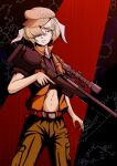  1girl absurdres animal_ears belt belt_buckle bolt_action buckle cabbie_hat cargo_pants cowboy_shot cropped_legs dark_background flat_cap floppy_ears formal gun hat highres light_smile midriff navel open_clothes open_shirt orange_hair orange_shirt pants rabbit_ears red_eyes rifle ringo_(touhou) scope shirt sleeves_rolled_up sniper_rifle solo splatter spotlight stomach touhou trigger_discipline undershirt vest weapon weedhollow_(dokuran) 