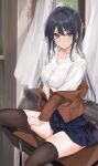  1girl black_hair black_legwear blue_skirt blush bra_visible_through_clothes breasts brown_jacket clothes_pull collarbone collared_shirt commentary curtains desk dress_shirt hair_ornament hairclip highres jacket jacket_partially_removed large_breasts long_hair looking_at_viewer mexif on_desk pantyhose pantyhose_pull pleated_skirt purple_eyes sakurajima_mai school_uniform see-through see-through_shirt seishun_buta_yarou shirt sitting skirt solo thighs undressing white_shirt window 