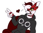  alien ambiguous_gender anthro clothing female gesture hoodie invalid_tag kiss_and_tell_(artist) one_eye_closed owo red_body smile smiling_at_viewer solo topwear v_sign wink 