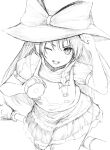  1girl ;d amazaki_ria apron blush bow braid greyscale hat highres kirisame_marisa long_hair looking_at_viewer mini-hakkero monochrome one_eye_closed open_mouth puffy_sleeves short_sleeves single_braid sketch skirt smile solo teeth touhou unfinished vest witch_hat 