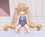  1girl :o aruman blush brown_eyes brown_hair feet hair_bobbles hair_ornament kodomo_no_jikan kokonoe_rin legs long_hair looking_at_viewer poolside school_swimsuit solo swimsuit twintails very_long_hair water 