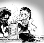  1980s_(style) 2girls bad_id bad_twitter_id bare_shoulders black_shirt blush chinese_clothes clothes_writing collar crescent greyscale happy hecatia_lapislazuli junko_(touhou) long_hair long_sleeves miniskirt monochrome multiple_girls off-shoulder_shirt off_shoulder open_mouth phoenix_crown polos_crown retro_artstyle ribbon shirt short_hair sitting sketch skirt smile t-shirt tabard takemoto_izumi_(style) touhou wariza wide_sleeves yatyou yokozuwari 