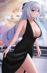  1girl absurdres aircell alternate_costume armpits bare_arms bare_shoulders black_eyes bow breasts bronya_zaychik bronya_zaychik_(silverwing:_n-ex) cleavage cocktail_dress cowboy_shot dress grey_hair hair_bow halter_dress halterneck highres honkai_(series) honkai_impact_3rd large_breasts long_hair looking_at_viewer no_bra side_slit sleeveless sleeveless_dress smile solo thighs very_long_hair 