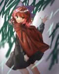  1girl bangs blurry bow cape dark depth_of_field expressionless eyebrows_visible_through_hair feet_out_of_frame hair_bow high_collar highres long_sleeves looking_at_viewer miniskirt nanataru10 outdoors red_eyes red_hair sekibanki serious short_hair skirt solo standing touhou 