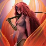  1girl artist_request breasts closed_mouth completely_nude elden_ring from_side highres long_hair malenia_blade_of_miquella malenia_goddess_of_rot navel nude over_shoulder profile red_hair signature small_breasts solo source_request very_long_hair weapon weapon_over_shoulder 