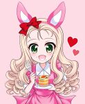  1girl :d alternate_costume animal_ears back_bow blonde_hair bow cake carrot_cake collared_dress commentary dress drill_hair easter fake_animal_ears food food_on_face fork girls_und_panzer green_eyes hair_bow heart holding holding_fork holding_plate kuromori_yako long_hair looking_at_viewer marie_(girls_und_panzer) open_mouth pink_background pink_bow pink_dress plate puffy_short_sleeves puffy_sleeves rabbit_ears red_bow short_dress short_sleeves simple_background smile solo 