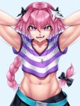  1boy abs arms_behind_head arms_up astolfo_(fate) belt belt_buckle bow braid braided_ponytail buckle commentary cropped_shirt english_commentary eyebrows_visible_through_hair fang fate/apocrypha fate_(series) hair_between_eyes hair_bow highres long_hair looking_at_viewer male_focus midriff multicolored_hair navel open_mouth pink_hair purple_eyes shirt short_sleeves simple_background skin_fang skirt skylock solo striped striped_shirt teeth tongue two-tone_hair upper_body white_hair 