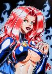  1girl absurdres breast_squeeze breasts gothic green_eyes highres huge_breasts jacket leather leather_jacket madelyne_pryor marvel non-web_source red_hair red_hair_demon_girl_(mdf_an) retro_artstyle solo underboob x-men 