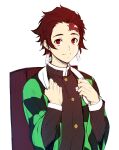 1boy black_jacket burn_mark checkered closed_mouth earrings haori jacket japanese_clothes jewelry kamado_tanjirou kimetsu_no_yaiba long_sleeves looking_at_viewer red_eyes red_hair short_hair simple_background solo upper_body white_background zucchini 