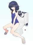  1girl arm_between_legs bangs black_hair blue_archive blue_swimsuit collarbone flat_chest full_body gradient gradient_background hairband highres long_hair looking_at_viewer one-piece_swimsuit purple_eyes school_swimsuit signature simple_background sitting slippers solo swimsuit thighs toilet ui_(blue_archive) yan_wan 