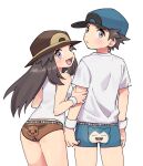  1boy 1girl alternate_costume baseball_cap blue_headwear blue_male_underwear blush boxer_briefs breasts brown_eyes brown_hair brown_headwear brown_panties character_print closed_mouth clothes_writing commentary_request copyright_name cowboy_shot eevee from_behind hand_up happy hat highres holding_another&#039;s_arm leaf_(pokemon) leaning_forward long_hair looking_at_viewer looking_back male_underwear open_mouth panties partial_commentary pokemon pokemon_(game) pokemon_frlg pumpkinpan red_(pokemon) shiny shiny_hair shirt short_hair short_sleeves sidelocks simple_background sleeveless sleeveless_shirt small_breasts smile snorlax spiked_hair standing sweatband underwear white_background white_shirt 