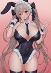  1girl :o absurdres alternate_costume animal_ears azur_lane bangs bare_shoulders black_leotard black_necktie blush breasts clenched_hand covered_navel cowboy_shot detached_collar ear_piercing enmaided eyebrows_visible_through_hair formidable_(azur_lane) frills gradient gradient_background hair_between_eyes hair_ribbon hands_up highres large_breasts leotard light_brown_hair looking_at_viewer maid maid_headdress necktie open_hand open_mouth piercing pink_background pinkcap playboy_bunny rabbit_ears red_eyes ribbon short_necktie solo thighhighs thighs wide_hips wrist_cuffs 