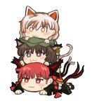  3girls :3 animal_ears animal_hands black_bow blush bow braid brown_eyes brown_hair cat_ears cat_paws cat_tail chen earrings extra_ears goutokuji_mike haojbleng jewelry kaenbyou_rin lying_on_person multicolored_hair multiple_girls multiple_tails red_eyes red_hair short_hair single_earring stack sweatdrop tail touhou twin_braids two_tails white_hair 