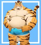  2022 anthro belly big_belly blush bodily_fluids bulge clothed clothing erection erection_under_clothing felid genital_fluids hi_res humanoid_hands kemono male mammal musclegut overweight overweight_male pantherine pink_nose precum shillon0610 simple_background solo tiger underwear 