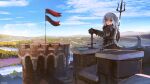  1girl anonamos armor bangs bird blue_eyes blue_hair blue_sky blunt_bangs castle cloud eyebrows_visible_through_hair fish_tail flag flower forest gawr_gura highres hololive hololive_english holomyth knight looking_at_viewer mountain multicolored_hair nature polearm red_flag river shark_girl shark_tail short_twintails sky solo streaked_hair sword tail tree trident twintails two-tone_hair virtual_youtuber water weapon white_hair 