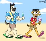  2018 absurd_res aloha_shirt anthro artist_name beach biceps blue_eyes bottomwear brown_body brown_eyes brown_fur canid canine canis clothing dessert detailed_background digital_media_(artwork) domestic_dog doritohead duo eyewear feet flip_flops food footwear fur german_shepherd hand_in_pocket herding_dog hi_res ice_cream kaine_lewis male mammal mixed_breed multicolored_body multicolored_fur muscular muscular_anthro muscular_male outside pastoral_dog pattern_clothing pattern_shirt pattern_topwear pockets popsicle sandals seaside shirt short_tail shorts signature smile sunglasses tan_body tan_fur teeth toes tongue topwear two_tone_body two_tone_fur walking wally_pembroke yellow_body yellow_fur 