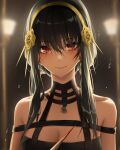  1girl absurdres bangs bare_shoulders black_choker black_dress black_hair blood blood_on_weapon blurry blurry_background blush breasts choker cleavage close-up collarbone dagger depth_of_field dress earrings eyebrows_visible_through_hair flower flower_necklace flying_sweatdrops gold_earrings gold_hairband hair_flower hair_ornament highres holding holding_dagger holding_weapon jewelry knife long_hair looking_at_viewer necklace portrait red_eyes sleeveless smile solo spy_x_family sweatdrop turbulence upper_body weapon yor_briar 