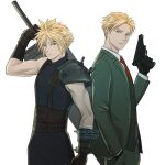  2boys absurdres armor artist_name azezazel black_gloves blonde_hair blue_eyes buster_sword cloud_strife final_fantasy final_fantasy_vii final_fantasy_vii_remake formal gloves gun highres holding holding_gun holding_sword holding_weapon multiple_boys necktie red_necktie shoulder_armor spiked_hair spy_x_family suit sword twilight_(spy_x_family) twitter_username weapon weapon_on_back white_background 