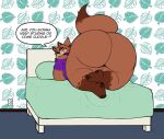  anthro bed big_butt bottomless brown_body brown_fur butt canid canine chubby_male clothed clothing dialogue digitalpelican english_text eyelashes facial_markings fur furniture girly grin head_markings hi_res huge_butt looking_at_viewer lying male mammal markings mask_(marking) on_front overweight overweight_male pillow raccoon_dog rear_view smile smug smug_grin solo talking_to_viewer tanuki text thick_thighs toothy_grin topwear wallpaper_(decoration) 
