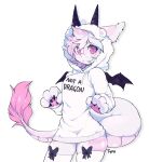  &lt;3 2022 anthro blush claws clothing dragon dragon_horn dragon_tail ear_piercing female fluffy fluffy_clothing fluffy_ears hair hi_res hooded hoodie horn legwear looking_at_viewer mammal markings membrane_(anatomy) membranous_wings multicolored_hair no_pants pawpads paws piercing pink_body pink_eyes pink_hair pink_pawpads pink_skin pink_tail pink_tail_tuft purple_horn purple_wings raised_paw ribbon_legwear ribbons simple_background small_wings solo thigh_highs topwear typh white_background white_clothing white_hair white_hoodie white_legwear white_thigh_highs white_topwear wings 