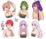  2boys 5girls bangs bare_pectorals blue_eyes blunt_bangs blush braid breasts chibi cleavage collarbone curly_hair embarrassed flower_(vocaloid) flustered fukase green_eyes green_hair grin gumi hair_ribbon highres ia_(vocaloid) kamui_gakupo light_purple_hair medium_breasts multiple_boys multiple_girls nekomura_iroha open_mouth pectorals pimienta_kast pink_hair purple_eyes purple_hair red_eyes red_hair ribbon short_ponytail sidelocks sketch small_breasts smile strapless toned toned_male tube_top twintails vocaloid white_hair yellow_eyes yuzuki_yukari 