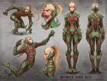  1girl blonde_hair claws extra_eyes fangs highres metroid metroid_dread metroid_suit monster_girl monsterification ponytail red_eyes samus_aran shaved_head spikes spoilers zhjake 