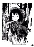  1girl bag biwa_(heike_monogatari) commentary_request cowboy_shot forest greyscale hat heike_monogatari highres monochrome nature parted_lips rice_hat short_hair shoulder_bag signature sleeves_past_wrists solo torn_clothes tree uchida_akira_(taaiseee1121) 