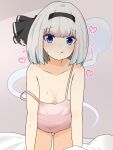  1girl :q all_fours black_hairband blue_eyes breasts closed_mouth eyebrows_visible_through_hair finaltakenoko ghost grey_hair hairband heart heart-shaped_pupils highres konpaku_youmu konpaku_youmu_(ghost) looking_at_viewer naughty_face nightgown on_bed short_hair small_breasts smile solo symbol-shaped_pupils tongue tongue_out touhou 