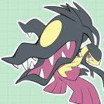  bright_pupils closed_mouth commentary frown green_background grid_background kelvin-trainerk looking_back mawile mega_mawile mega_pokemon outline pokemon pokemon_(creature) purple_eyes solo squatting twitter_username watermark white_pupils 