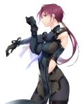  1girl bazett_fraga_mcremitz between_breasts black_bodysuit black_gloves blue_bodysuit blue_necktie bodysuit breasts closed_mouth commentary_request exercise fate/grand_order fate_(series) gloves highres large_breasts long_hair long_sleeves looking_at_viewer low_ponytail manannan_mac_lir_(fate) manannan_mac_lir_(second_ascension)_(fate) mole mole_under_eye necktie necktie_between_breasts okonon_(kado_colda) pelvic_curtain purple_eyes purple_hair serious simple_background solo two-tone_bodysuit white_background 