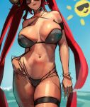  1girl arm_at_side armband beach bikini black_bikini black_horns blue_eyes breasts choker criss-cross_halter curled_horns curvy day demon_horns eu03 hair_on_horn halterneck hand_on_hip head_out_of_frame horns huge_breasts lips long_hair navel ocean original red_hair sketch skindentation solo summer sunglasses swimsuit tan thigh_strap tsunoko twintails very_long_hair 