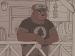  2022 anthro bear_and_breakfast belly bottomwear brown_body clothing detailed_background hank_(bear_and_breakfast) hat headgear headwear hi_res humanoid_hands male mammal overweight overweight_male shirt shorts solo thebearalliance topwear ursid 