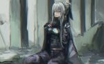  1girl absurdres ak-12_(girls&#039;_frontline) bangs black_pants breasts closed_mouth dashimaki_(dasimakitama50) feet_out_of_frame girls&#039;_frontline highres jacket long_hair long_sleeves looking_at_viewer one_eye_closed pants purple_eyes silver_hair solo tactical_clothes 