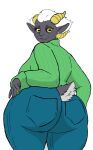  big_butt bottomwear bovid butt caprine caprine_demon clothing curvy_figure demon demon_humanoid denim denim_clothing female freckles goat_demon goat_tail green_clothing green_sweater green_topwear hair horizontal_pupils horn humanoid humanoid_pointy_ears jeans mammal mature_female meredith_(quidhansed) pants pearl_earring pupils quidhansed solo solo_focus sweater thick_thighs topwear voluptuous white_hair wide_hips yellow_eyes 