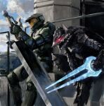  absurdres armor berserk cloud crossover dragonslayer_(sword) energy_sword espen_olsen_saetervik fantasy glowing glowing_eyes guts_(berserk) halo_(series) helmet highres holding holding_sword holding_weapon male_focus master_chief power_armor red_eyes science_fiction sky spartan_(halo) sword type-1_energy_sword visor weapon weapon_switch 