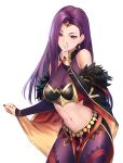  1girl absurdres alaskastomatoez bare_shoulders breasts bridal_gauntlets circlet cleavage earrings fire_emblem fire_emblem_echoes:_shadows_of_valentia fire_emblem_heroes highres jewelry large_breasts long_hair midriff navel official_alternate_costume purple_eyes purple_hair purple_nails see-through simple_background skin_tight smile solo sonya_(fire_emblem) white_background 