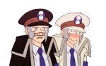  2boys black_coat black_headwear blue_necktie brothers coat dress_shirt emmet_(pokemon) gloves grey_eyes grey_hair hat high_collar ingo_(pokemon) jaho long_sideburns male_focus multiple_boys necktie peaked_cap pokemon pokemon_(game) pokemon_bw shaking shirt siblings sideburns tearing_up trench_coat twins white_coat white_headwear white_shirt 