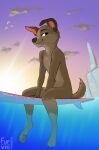  absurd_res anthro avery_(furvie) breasts canid canine canis domestic_dog featureless_breasts female furvie hi_res looking_at_viewer mammal nude outside pawpads paws sea small_breasts smile solo surfboard teenager water young 